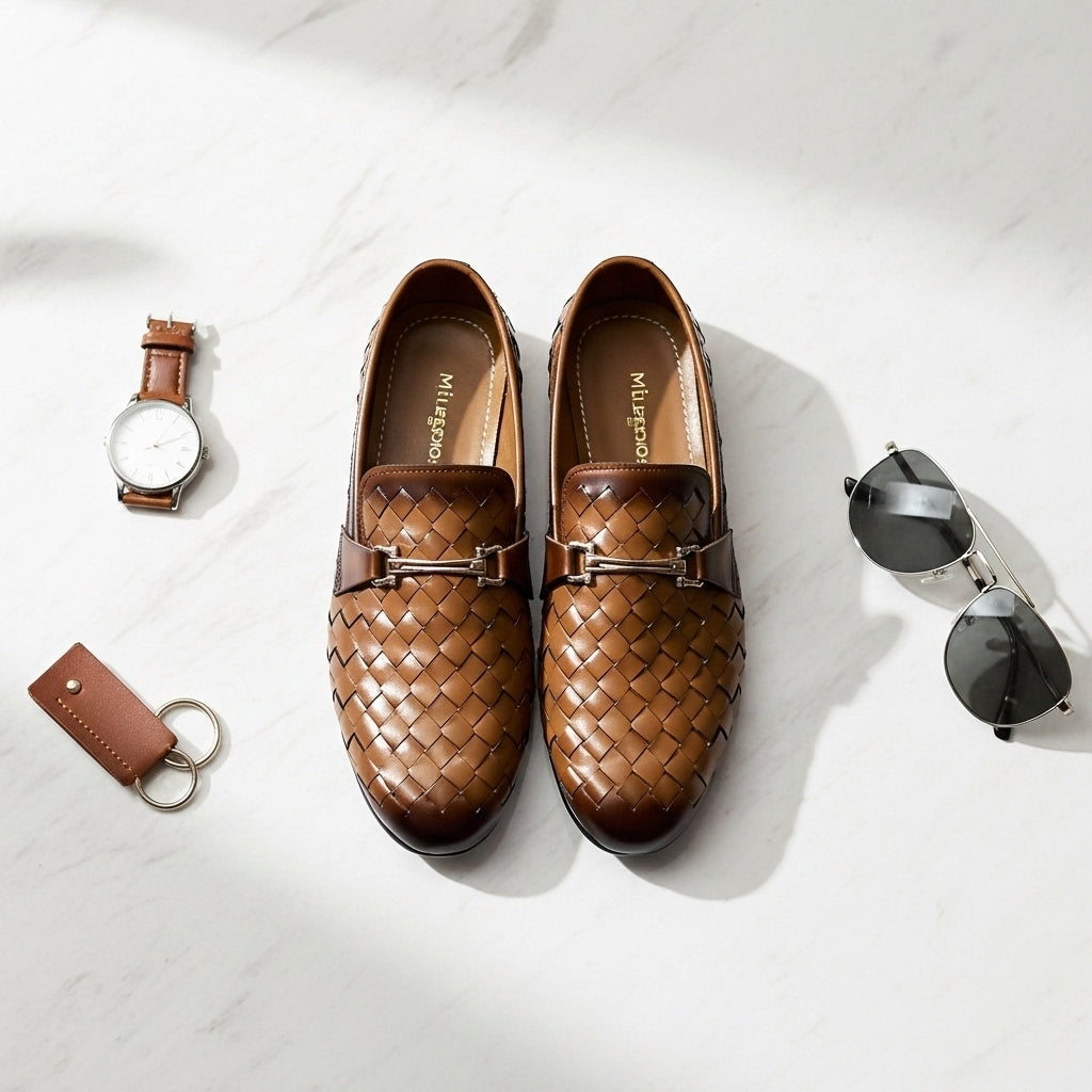 Woven Brown Leather Loafer | Premium Quality | All Season Shoe