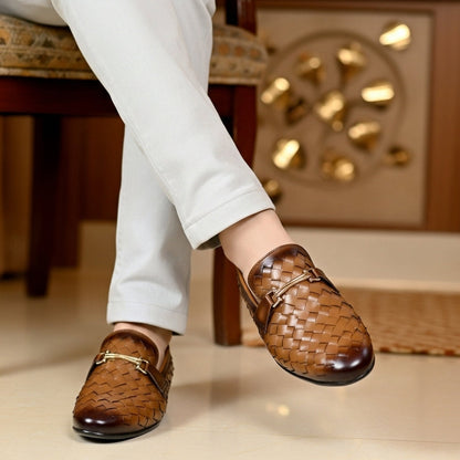 Woven Brown Leather Loafer | Premium Quality | All Season Shoe